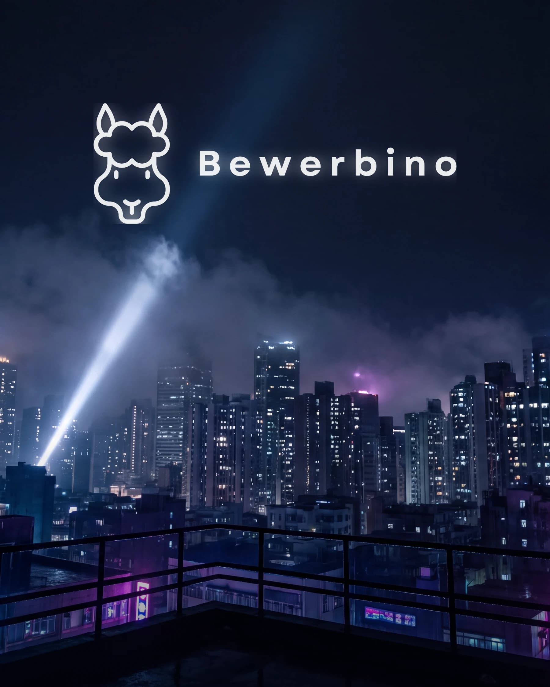 Die Wortmarke Bewerbino als Lichtsignal über einer nächtlichen Stadt