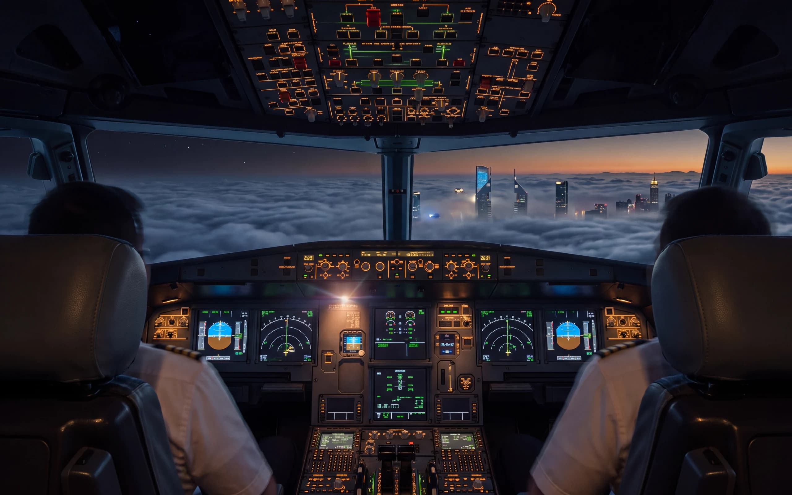 Blick aus einem Cockpit bei Nacht über den Wolken auf eine beleuchtete Skyline